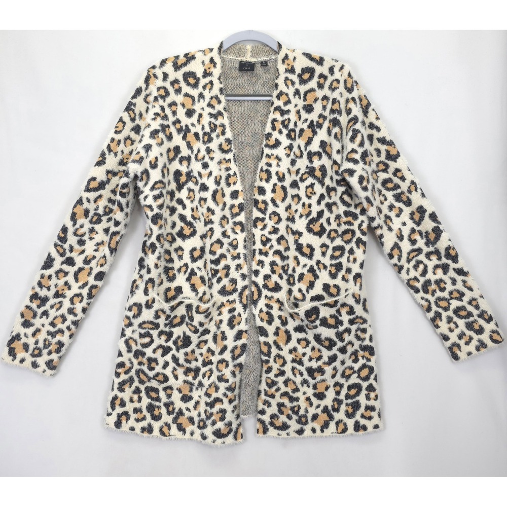 Devotion‎ by Cyrus Leopard Cardigan Women M Open Front Fuzzy Soft Animal Print